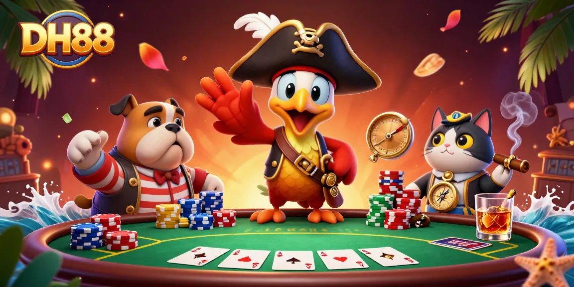 Engage in thrilling poker action at DH88 with a lively pirate-themed scene featuring cards and chips.