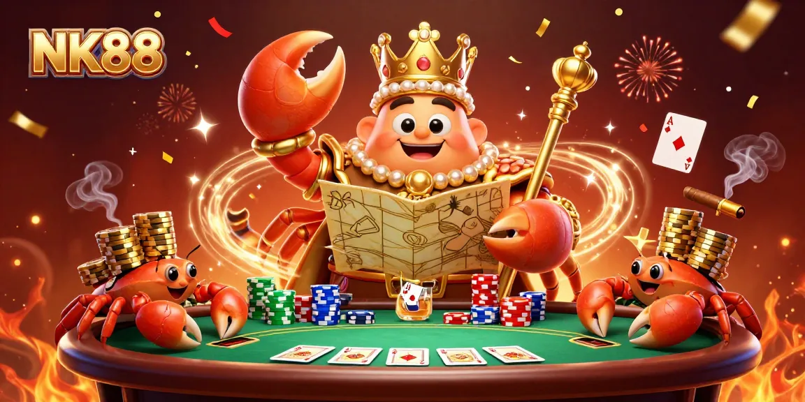 Experience thrilling gameplay with NK88, featuring a massive golden crab with poker chips in a vibrant casino.