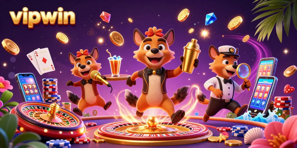Experience vipwin excitement with a 3D hyena casino scene filled with fun, laughter, and golden winnings.