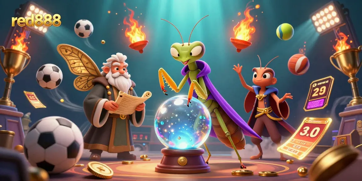 Engaging red888 sports betting illustration featuring a mystical fortune teller and old librarian.