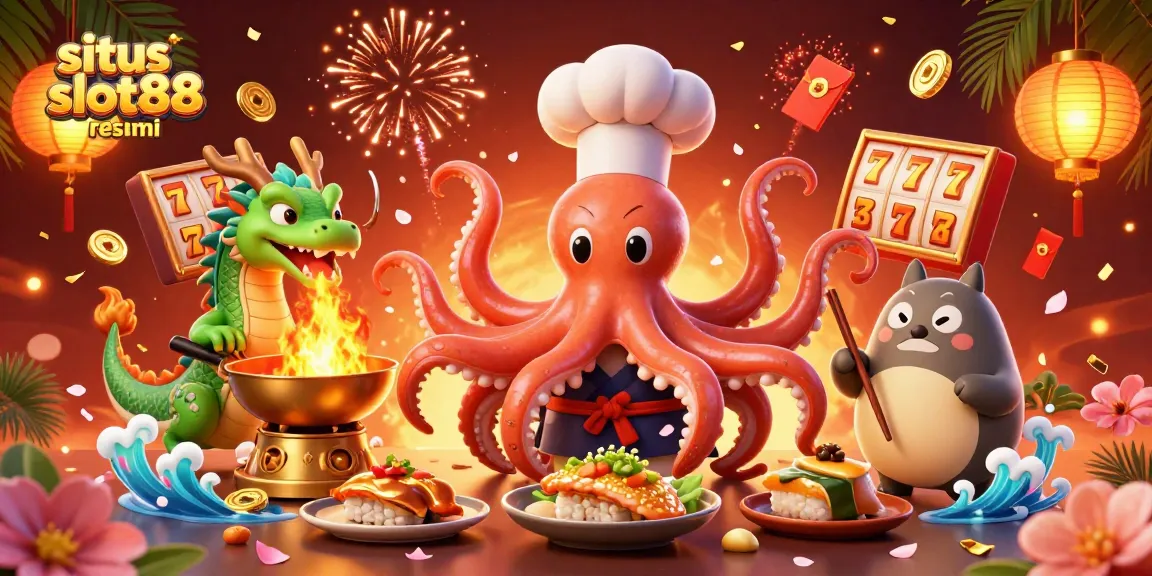 Situs slot88 resmi menampilkan chef sushi gurita 3D dan naga berapi dalam ilustrasi kasino yang dinamis.