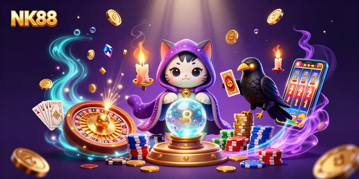Navigating your winning strategy at NK88 with vibrant casino elements and mystical characters.