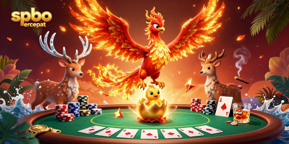 Engage in thrilling poker action with spbo tercepat featuring dynamic cards, chips, and mythical elements.