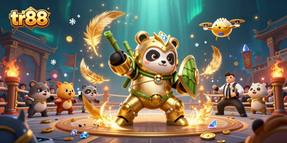 Experience thrilling gameplay at tr88 with a golden mech-suit panda battling in a vibrant arena.