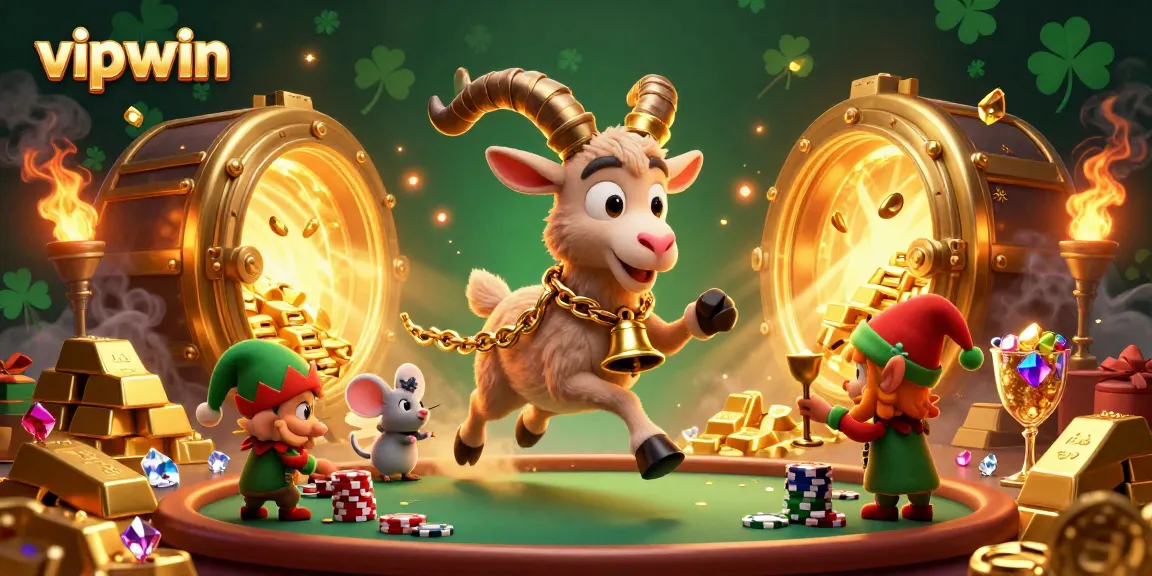 Play thrilling games at vipwin, featuring cartoon characters in a vibrant casino scene with golden treasures.