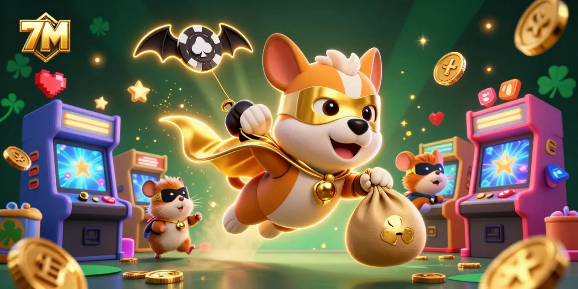 Experience the excitement of 7M as the superhero dog flies with gold coins amid vibrant casino elements.