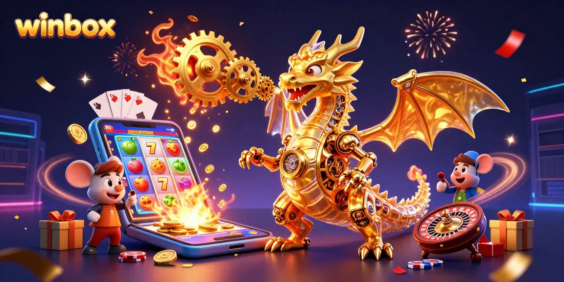 Winbox casino features a golden dragon, smartphone slots, and celebratory elements for players.
