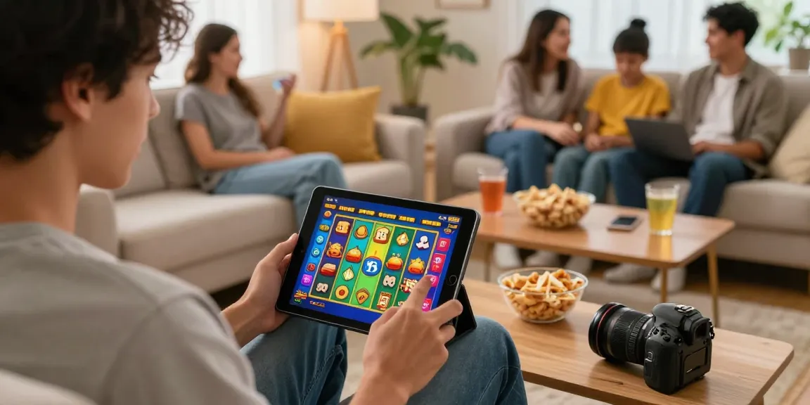 Engaging in the Mine Slot game casino with friends in a cozy setting, showcasing colorful graphics and a fun atmosphere.