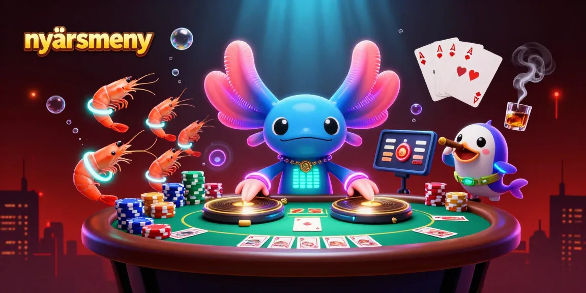 Experience a vibrant nyårsmeny celebration with a 3D cartoon scene of a neon-colored axolotl DJ, fish, and poker elements.