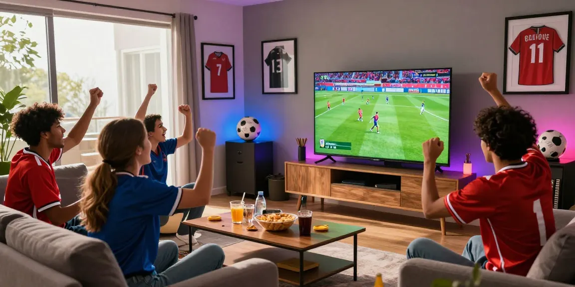 Friends watching live matches on kora tv during game night with snacks and excitement.