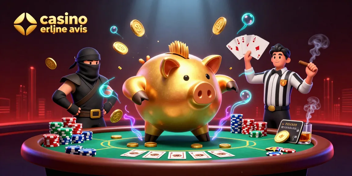 Un aperçu de la scène animée "avis sur les casinos en ligne" avec un sumo en forme de tirelire, un ninja et un samouraï arbitre.