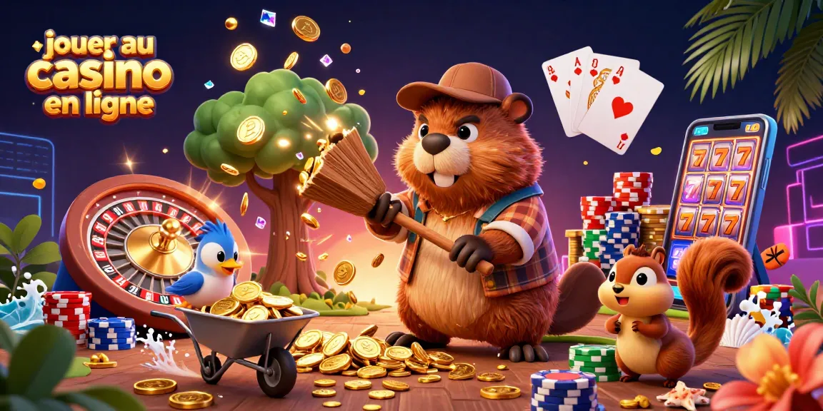 Jouer au casino en ligne devient amusant avec cet illustration colorée mettant en avant un castor, un oiseau et un écureuil entourés de pièces d'or.