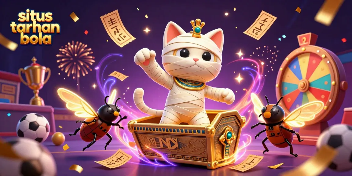 Experience situs taruhan bola with a dynamic illustration of a mummy cat and scarab, showcasing vibrant betting elements.