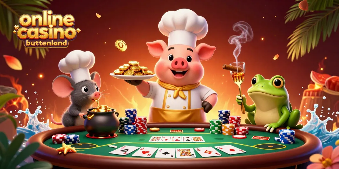A vibrant 3D scene depicts a chef pig serving gold coins, emphasizing online casino buitenland with poker elements in rich detail.
