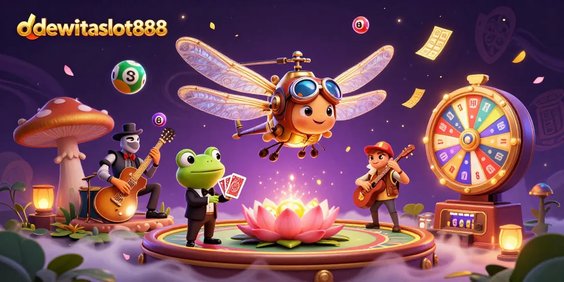 DEWATASLOT888 menampilkan petunjuk strategi pemain dengan ilustrasi 3D menggembirakan dari kasino lily pad.