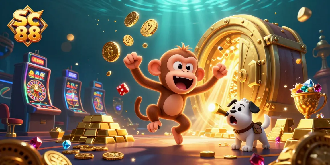 Experience thrilling gaming with Sc 88's animated poltergeist monkey juggling casino treasures
