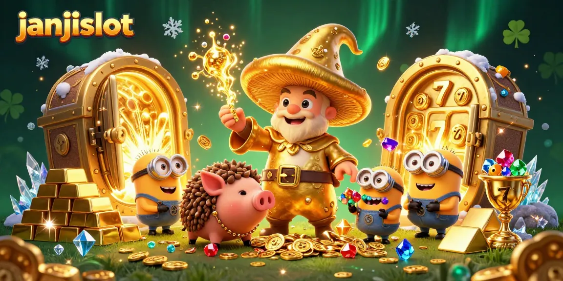 Experience treasure hunting with janjislot in this vibrant 3D casino illustration featuring magic, gems, and rich rewards!
