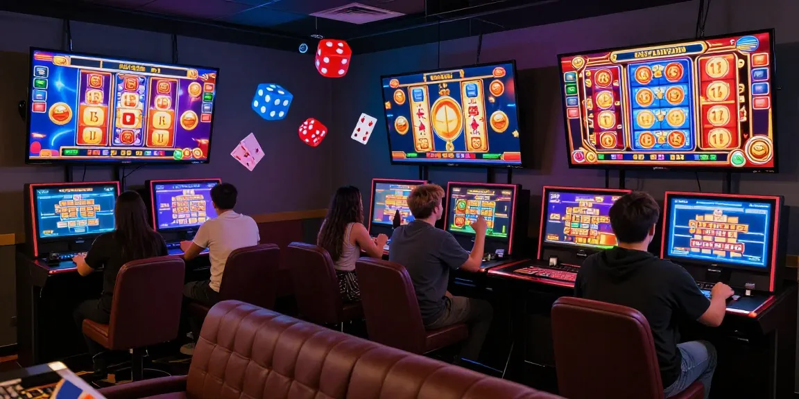 Online gaming enthusiasts at https://hero138loginku.com engaging with colorful slot games in a vibrant casino setting.