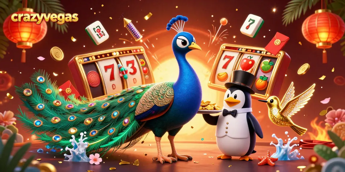 Spin jackpots and win big with crazyvegas in this rich 3D casino scene featuring a peacock, penguin butler, and hummingbird.