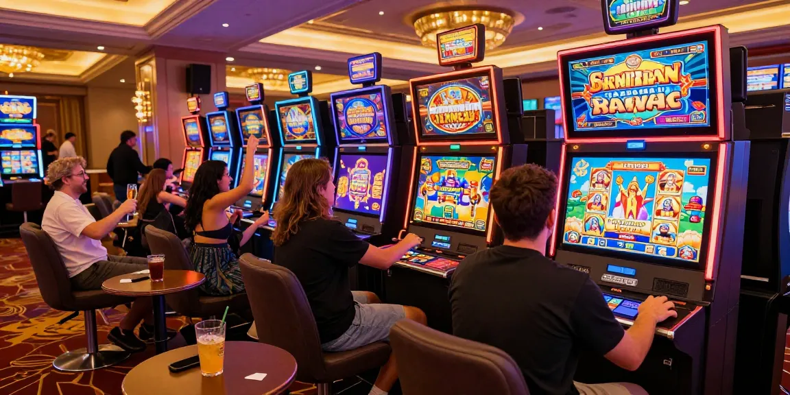 Raja receh dalam suasana casino online dengan pemain merayakan kemenangan kecil di mesin slot.