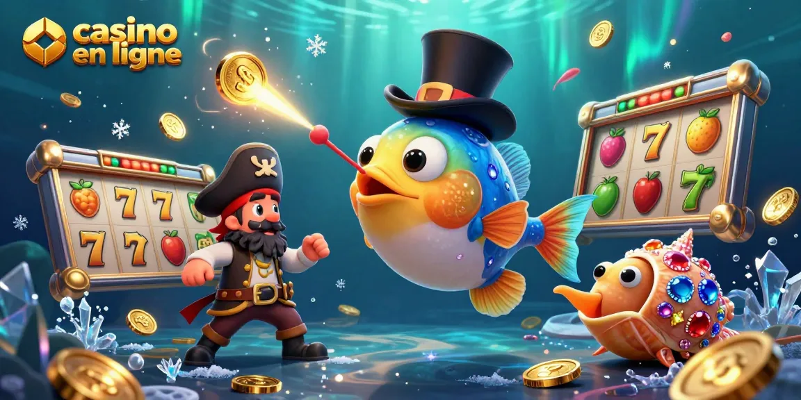 Attirez les pièces d'or avec casino en ligne représenté par un poisson-lanterne et des éléments de machines à sous sous-marines.