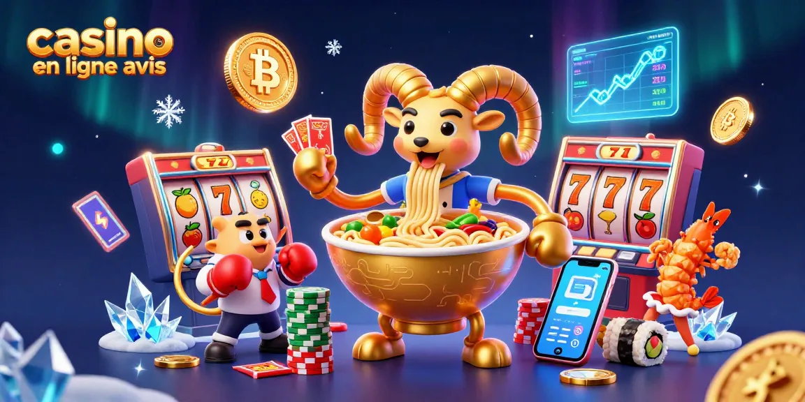 Revue de casino en ligne avis avec un ramen géant et des personnages de casino animés.