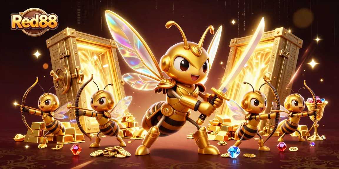 Experience Red88's vibrant gambling scene with a golden hornet and treasure elements.