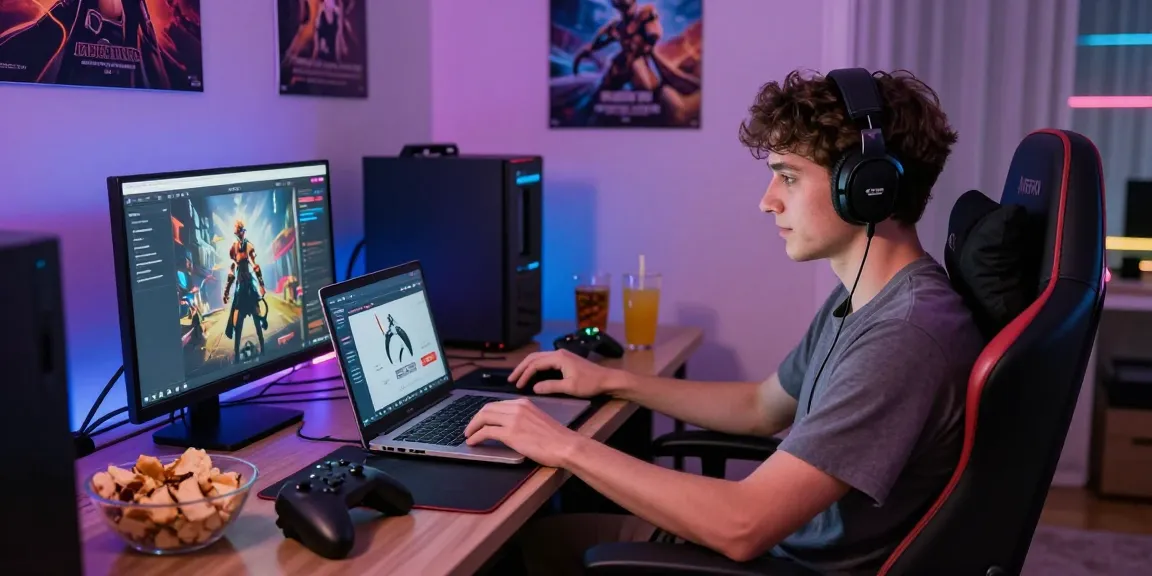 Indocair digital gaming experience with user engaged in gameplay, colorful ambient lights and snacks.