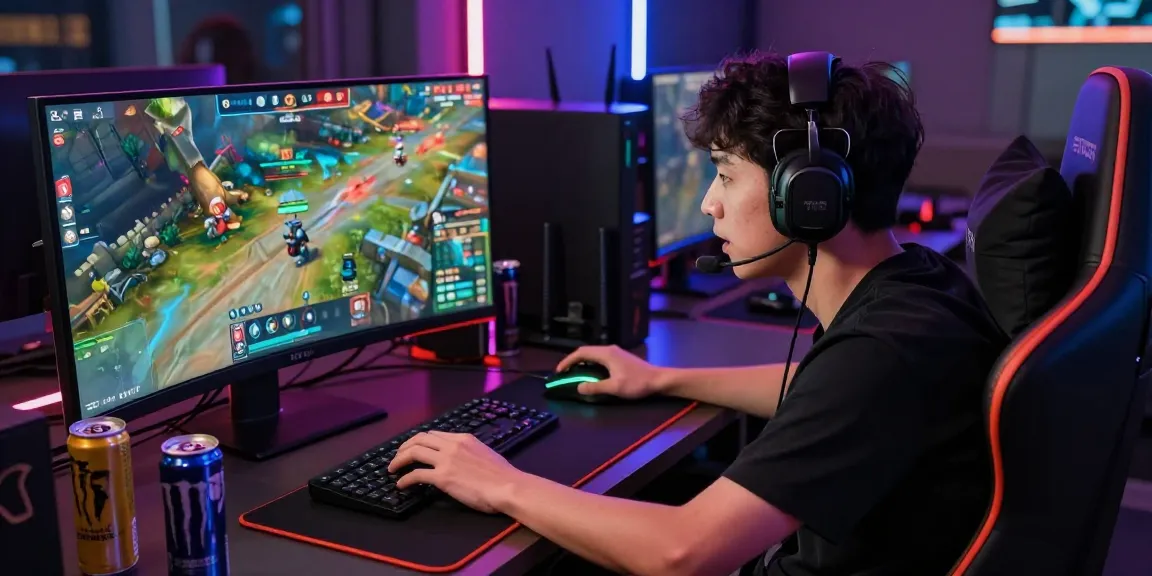 Engaged gamer playing 7meter game on a powerful setup, with vibrant lighting and dynamic atmosphere.