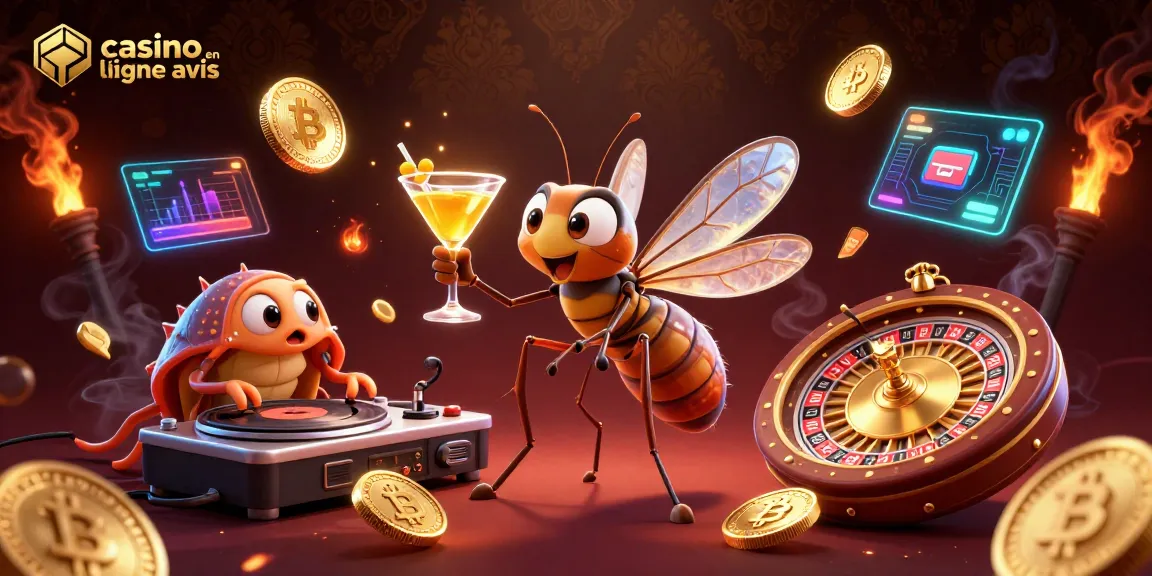 Scène de casino en ligne avis avec un moustique mascotte et un DJ trilobite animés.
