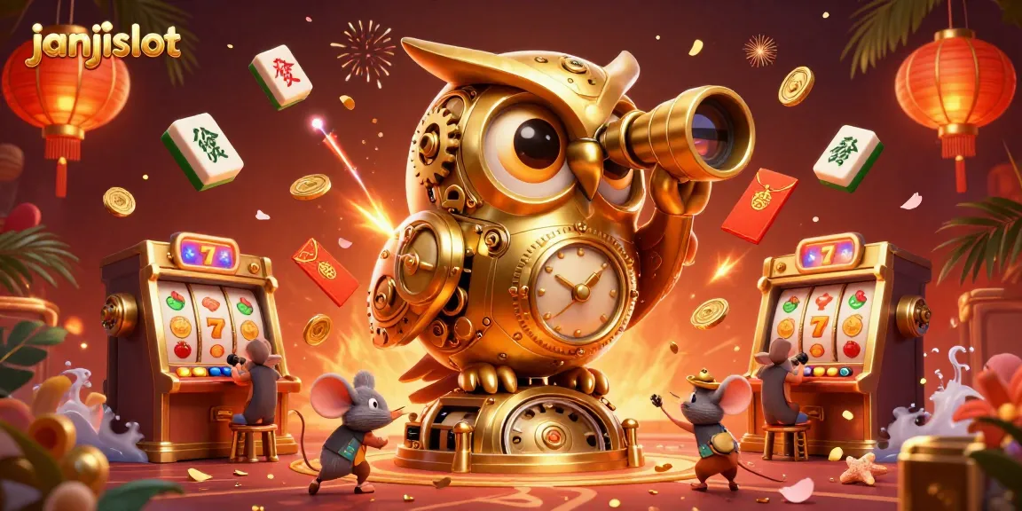 Spin the reels and win at janjislot while enjoying vibrant casino ambiance with a golden owl and festive elements.
