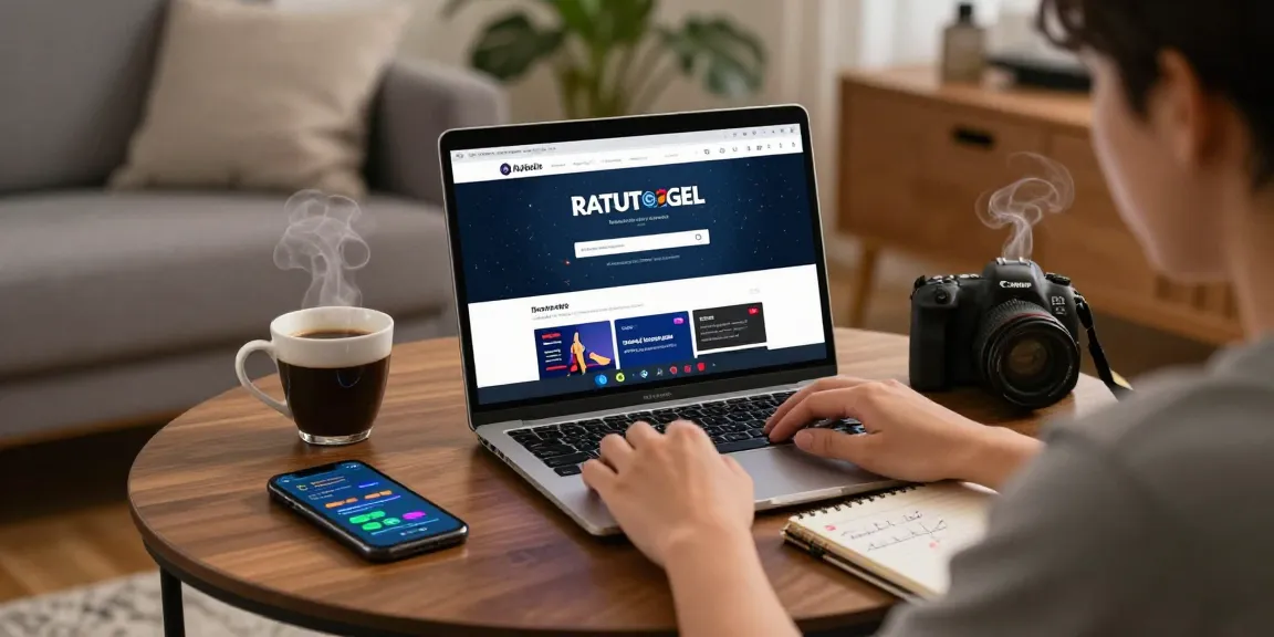 Pengguna Ratutogel menikmati pengalaman taruhan online di rumah dengan laptop dan kopi.