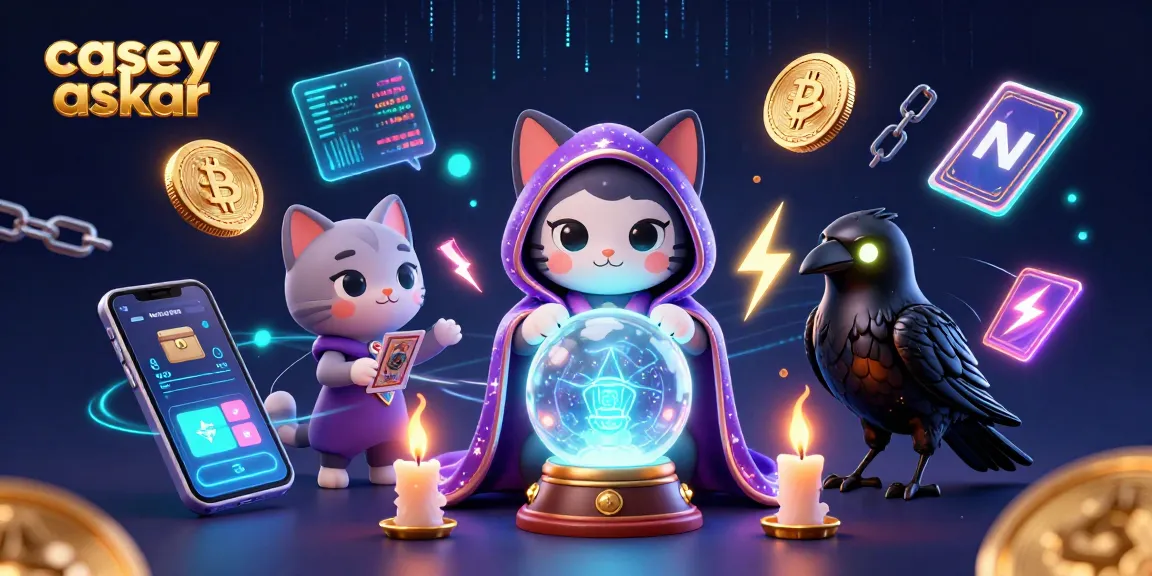 Experience the mystique of gambling with casey askar in an enchanting 3D scene featuring a fortune teller cat, raven, and crypto elements.