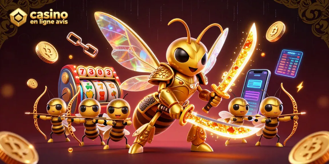 Visitez les casinos en ligne avec une illustration 3D d'un frelon doré samouraï, des jeux de casino et des éléments cryptographiques.