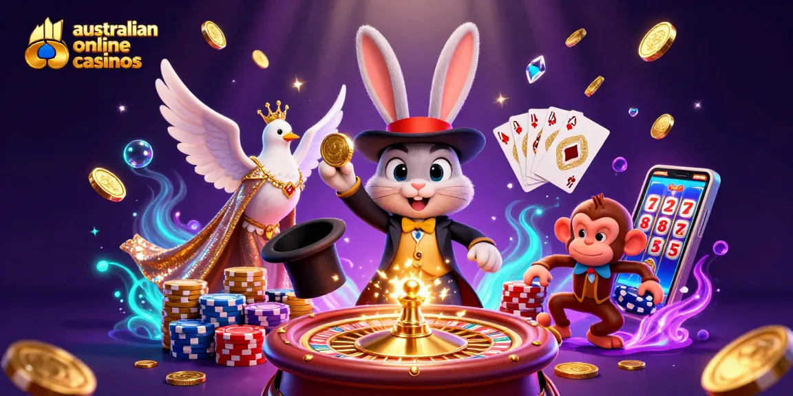Discover vibrant australian online casinos with a magician rabbit, dove, and monkey in a magical scene.