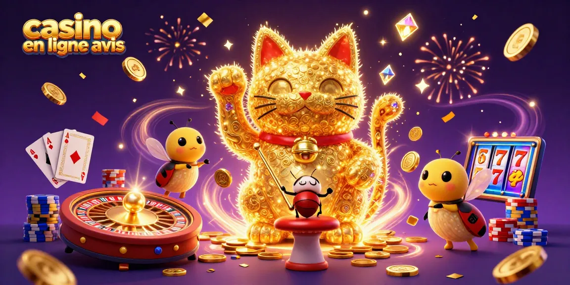 Découvrez des avis sur les casinos en ligne avec un chat porte-bonheur animé et des éléments de jeux dynamiques.
